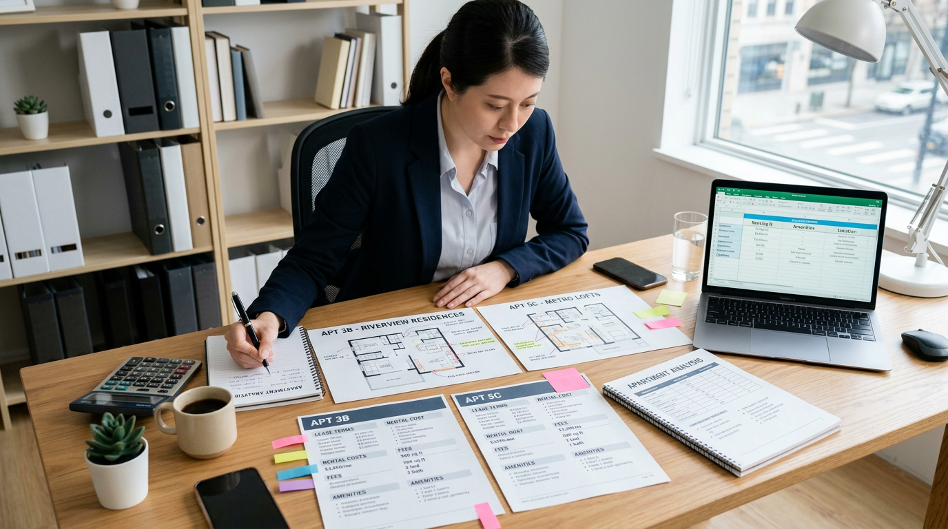 Person examining apartment floor plans and lease details at office desk