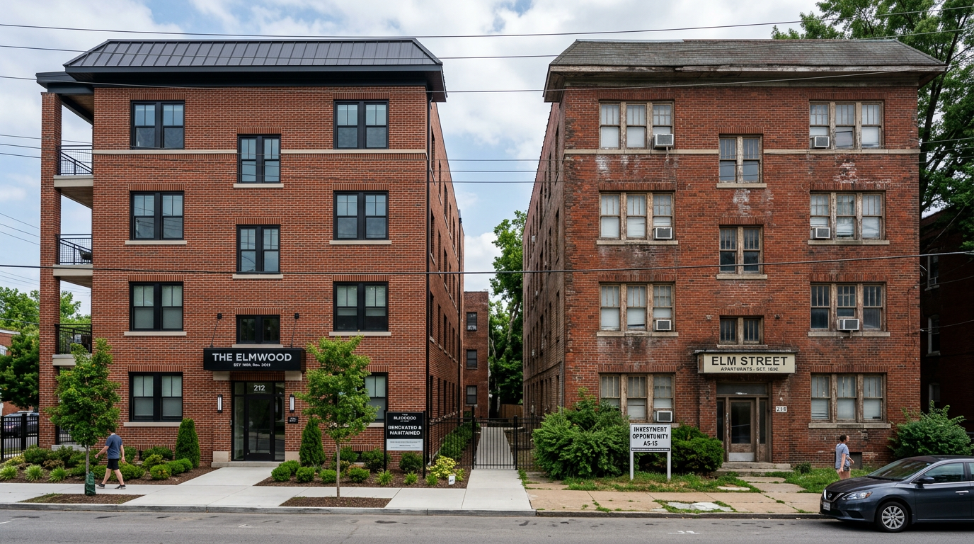 Two brick apartment buildings side by side, one newly renovated and the other older and worn