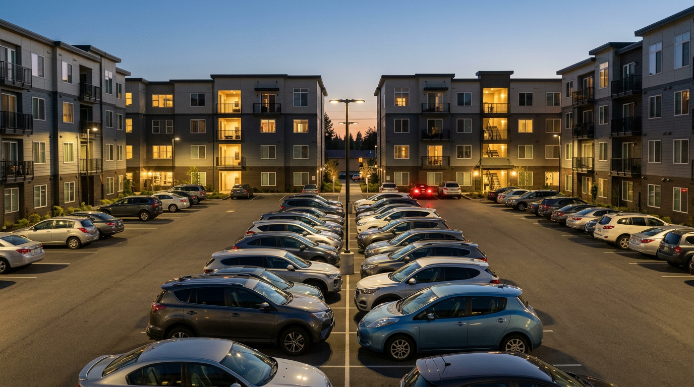 Parking lot full of cars between modern apartment buildings at dusk