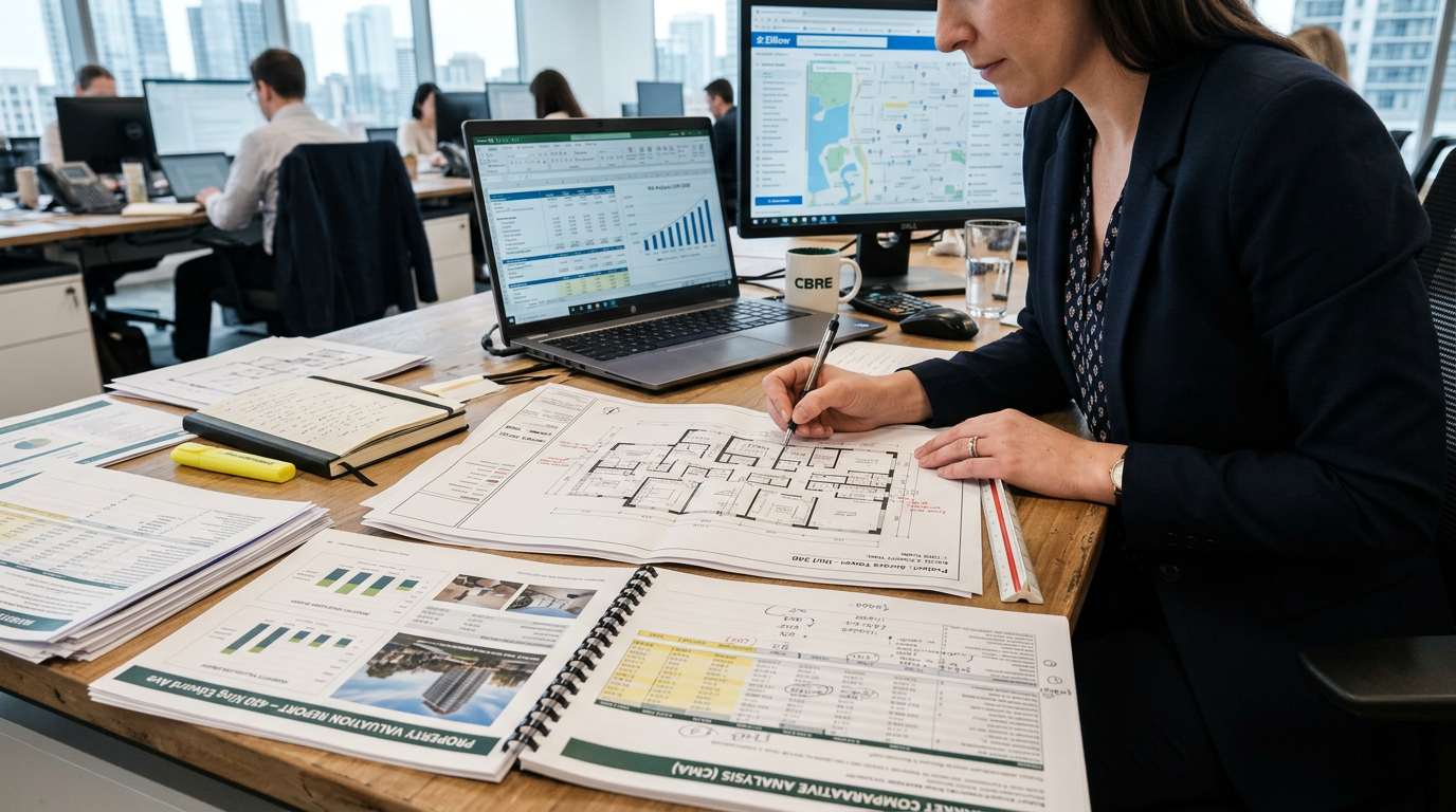 Architect working on floor plans with financial charts and computer screens in office