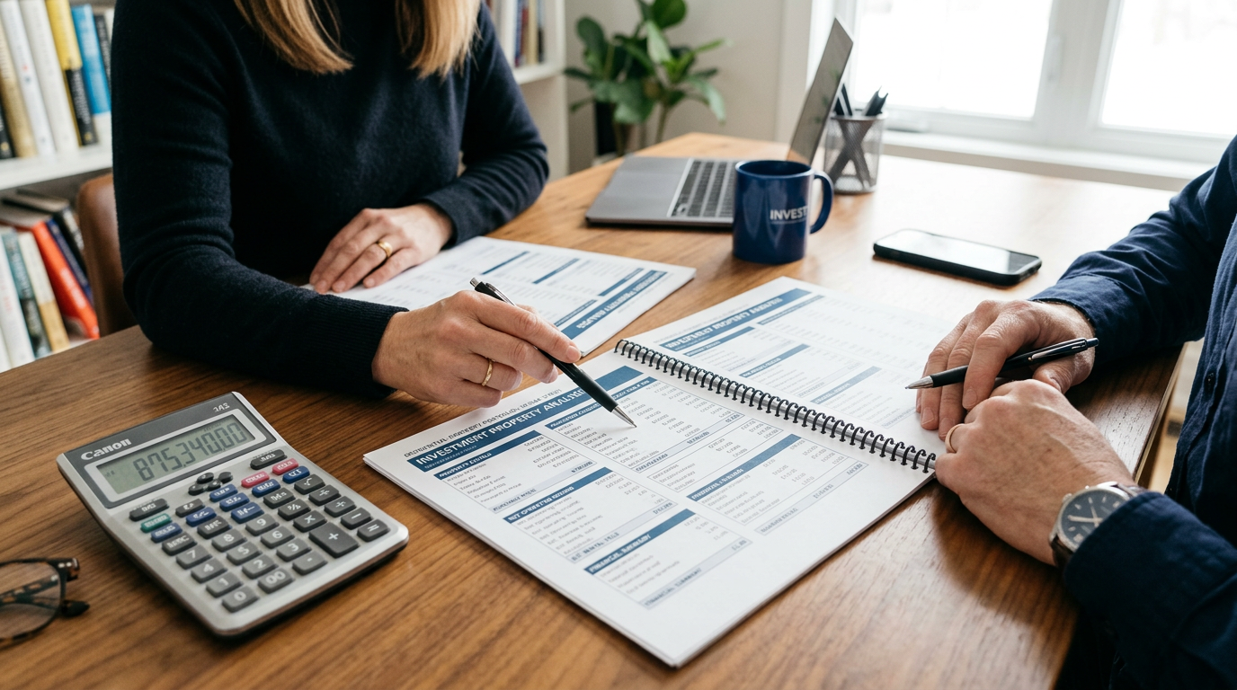 Two people pointing at investment property analysis documents with calculator and laptop on desk