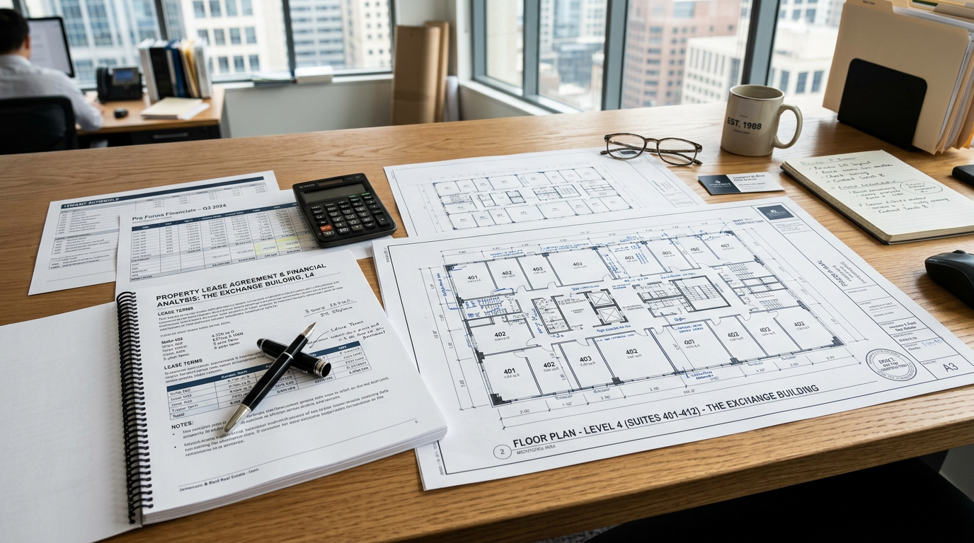 Floor plans, financial documents, calculator, pen, glasses, coffee mug, and notebook on office desk